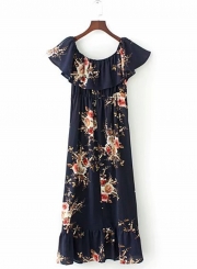 Women's Floral Printed Slash Neck Off Shoulder Maxi Dresses