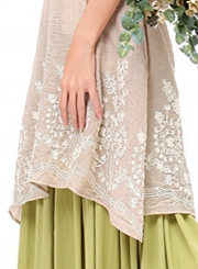 Women's Fashion Cap Sleeve Floral Embroidery Maxi Linen Dress