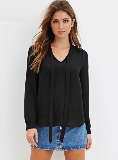 Women's Fashion Tie Collar Long Sleeve Solid Pullover Blouse YOUYOUFASHIONEC.com