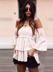 Women's Fashion Solid off Shoulder Flare Sleeve Ruffle Blouse
