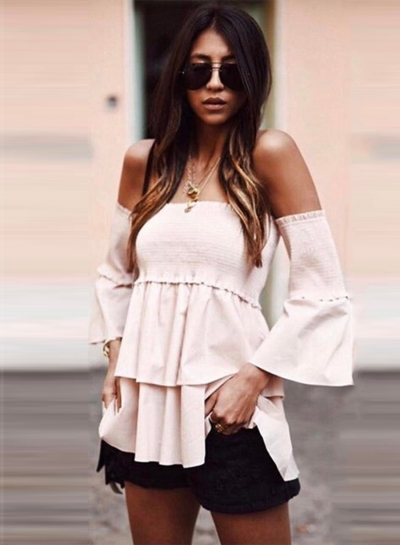 Women's Fashion Solid off Shoulder Flare Sleeve Ruffle Blouse YOUYOUFASHIONEC.com