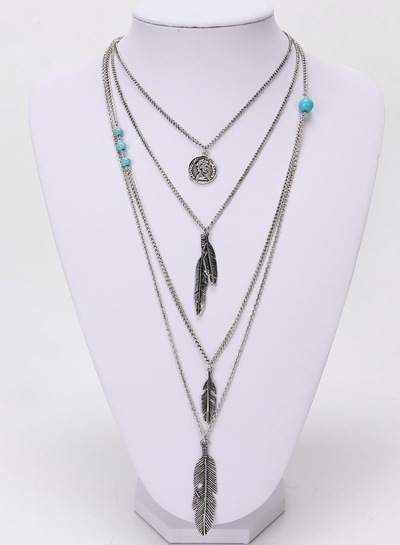 Women's Fashion Double Layer Turquoise Feather Pendant Necklace STYLESIMO.com