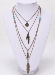 Women's Fashion Double Layer Turquoise Feather Pendant Necklace
