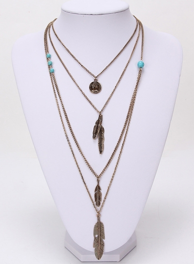 Women's Fashion Double Layer Turquoise Feather Pendant Necklace stylesimo.com