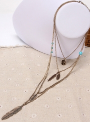Women's Fashion Double Layer Turquoise Feather Pendant Necklace