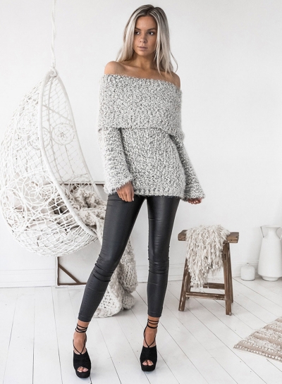 Women's Fashion off Shoulder Long Sleeve Loose Fit Knit Sweater YOUYOUFASHIONEC.com