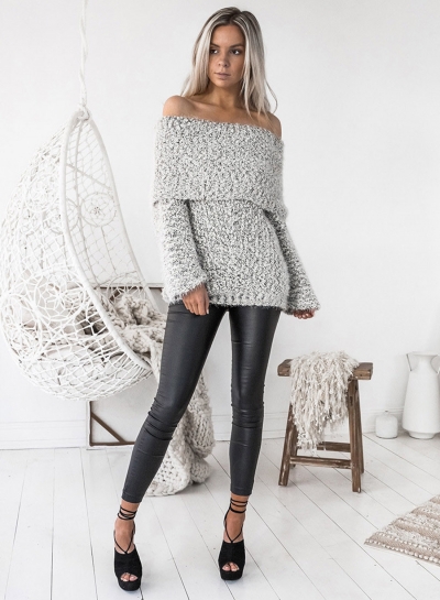 Women's Fashion off Shoulder Long Sleeve Loose Fit Knit Sweater stylesimo.com