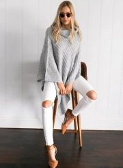 Women's Casual Asymmetric High Neck Solid Pullover Sweaters