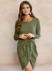 Women's Solid Long Sleeve Round Neck Slim Dress