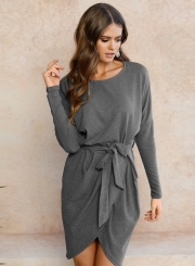 Women's Solid Long Sleeve Round Neck Slim Dress