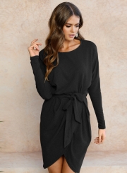 Women's Solid Long Sleeve Round Neck Slim Dress