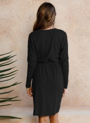 Women's Solid Long Sleeve Round Neck Slim Dress
