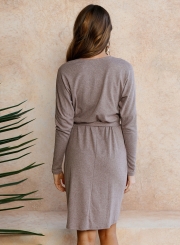 Women's Solid Long Sleeve Round Neck Slim Dress