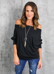 Women's Fashion off Shoulder Long Sleeve Ripped Loose Fit Tee