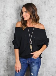 Women's Fashion off Shoulder Long Sleeve Ripped Loose Fit Tee