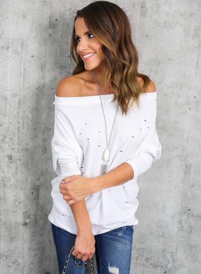 Women's Fashion off Shoulder Long Sleeve Ripped Loose Fit Tee STYLESIMO.com