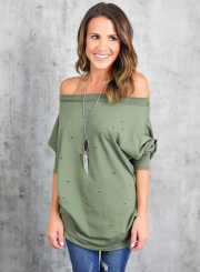 Women's Fashion off Shoulder Long Sleeve Ripped Loose Fit Tee