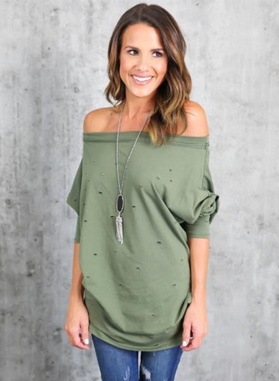 Women's Fashion off Shoulder Long Sleeve Ripped Loose Fit Tee STYLESIMO.com