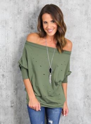 Women's Fashion off Shoulder Long Sleeve Ripped Loose Fit Tee