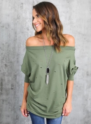 Women's Fashion off Shoulder Long Sleeve Ripped Loose Fit Tee