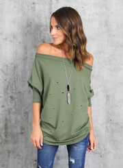 Women's Fashion off Shoulder Long Sleeve Ripped Loose Fit Tee