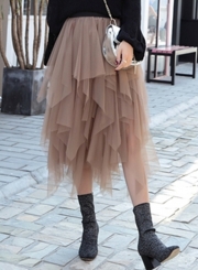 Women's High Waist Irregular Layered Midi Mesh Skirt