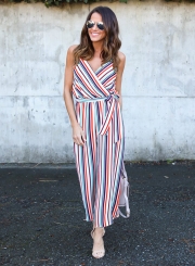 Women's Spaghetti Strap V Neck Sleeveless Wide Leg Striped Jumpsuit