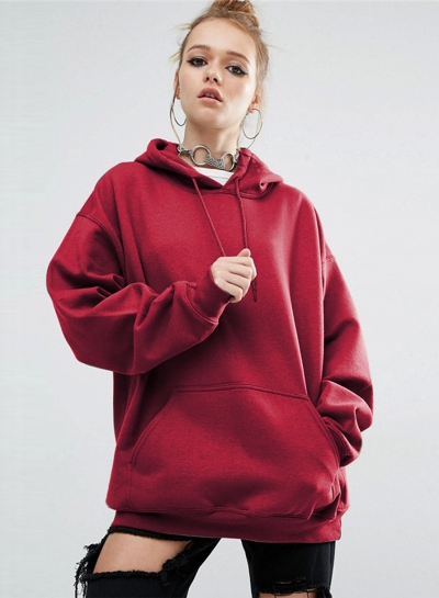 Women's Solid Loose Fit Kangaroo Pocket Pullover Hoodie YOUYOUFASHIONEC.com