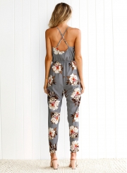 Women's Spaghetti Strap V Neck Sleeveless Floral Print Jumpsuit