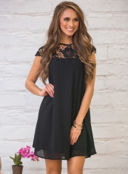 Women's Cap Sleeve Round Neck Lace Panel Dress