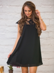 Women's Cap Sleeve Round Neck Lace Panel Dress