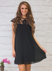 Women's Cap Sleeve Round Neck Lace Panel Dress