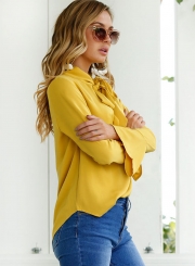 Women's Fashion Solid TIe Collar Long Sleeve Pullover Blouse