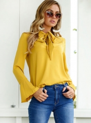 Women's Fashion Solid TIe Collar Long Sleeve Pullover Blouse