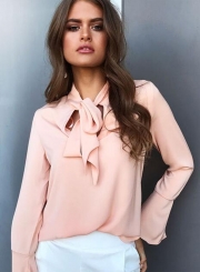 Women's Fashion Solid TIe Collar Long Sleeve Pullover Blouse