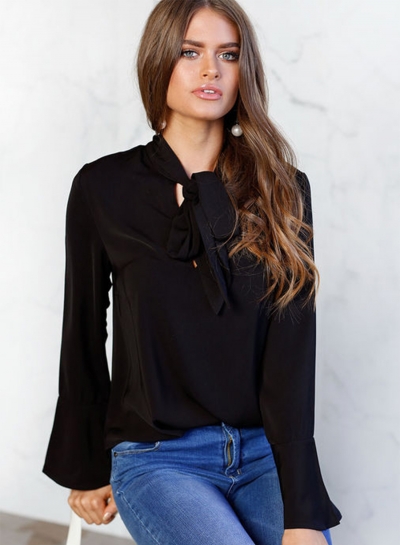 Women's Fashion Solid TIe Collar Long Sleeve Pullover Blouse YOUYOUFASHIONEC.com