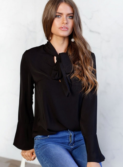 Women's Fashion Solid TIe Collar Long Sleeve Pullover Blouse STYLESIMO.com