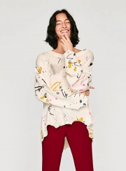 Women's Painted Print Round Neck Long Sleeve Sweater