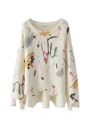 Women's Painted Print Round Neck Long Sleeve Sweater