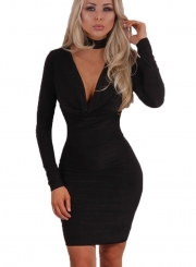 Women's Fashion V Neck Long Sleeve Solid Bodycon Solid Dress