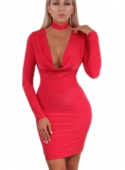Women's Fashion V Neck Long Sleeve Solid Bodycon Solid Dress