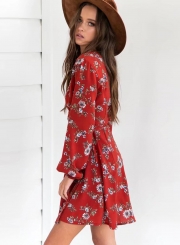 Women's V Neck Print Long Sleeve A-line Dress