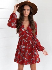 Women's V Neck Print Long Sleeve A-line Dress