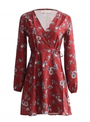 Women's V Neck Print Long Sleeve A-line Dress