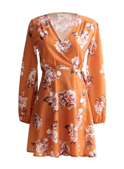 Women's V Neck Print Long Sleeve A-line Dress YOUYOUFASHIONEC.com