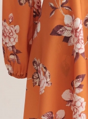 Women's V Neck Print Long Sleeve A-line Dress