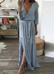 Women's Fashion V Neck Long Sleeve Geo Printed Maxi Dress with Belt