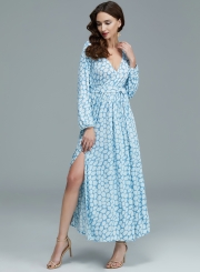 Women's Fashion V Neck Long Sleeve Geo Printed Maxi Dress with Belt