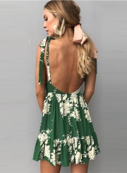 Women's Fashion V Neck Sleeveless Backless Floral Pleated Dress