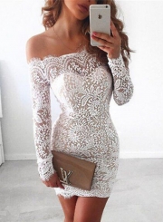 Women's Solid off Shoulder Long Sleeve Lace Bodycon Dress